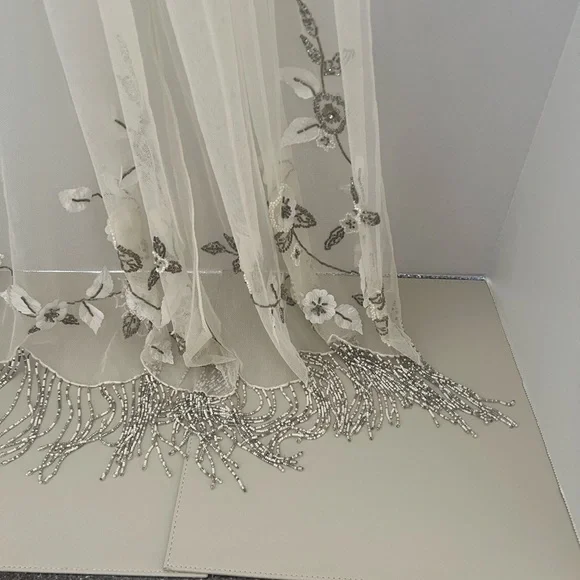 Vintage Floral Embroidered Beaded Sheer Scarf - Cream